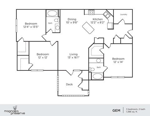 Floor plan for 3 beds, 2 baths, 1386 sqft